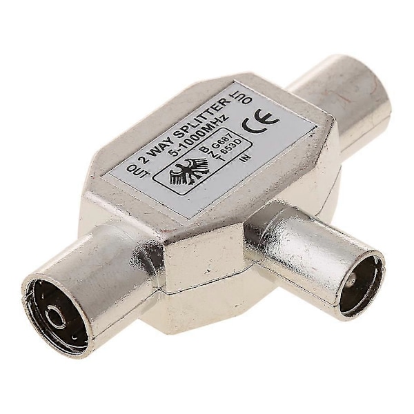 2-veis T-splitter 1x hann til 2x hunn metall koaksial TV-antenneadapter