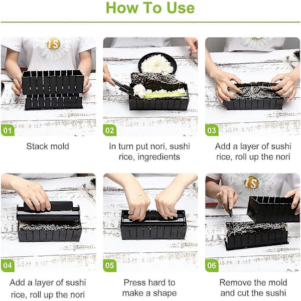Sushi-set för nybörjare - 10 delar i plast - Komplett med 8 formar för sushiris, gaffel, spatel, DIY-verktyg för sushi hemma
