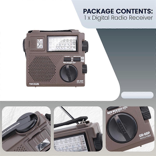 TECSUN GR-88P Digital Radiomottaker Nødlysradio Dynamoradio med Innebygd Høyttaler Manuell