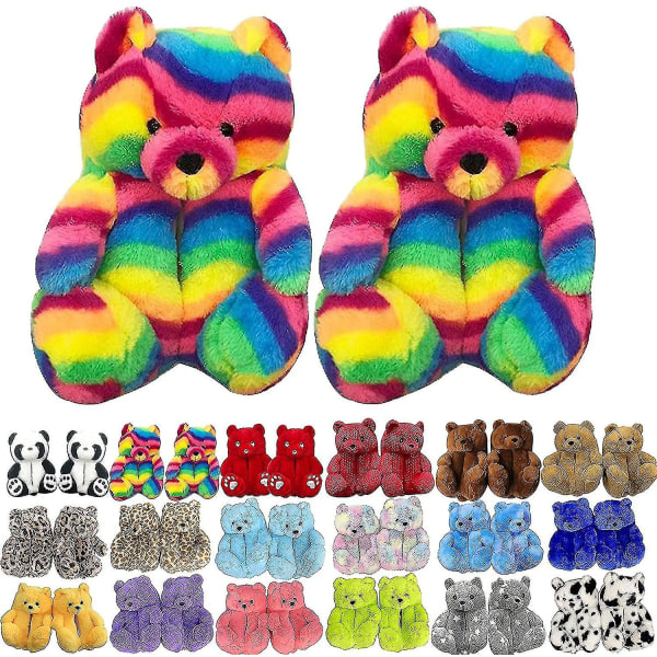 Teddy Bear Tofflor Dam Plysch Animal Tofflor Varma vinterskor Fuskpäls Anti Slip M Colorful 2