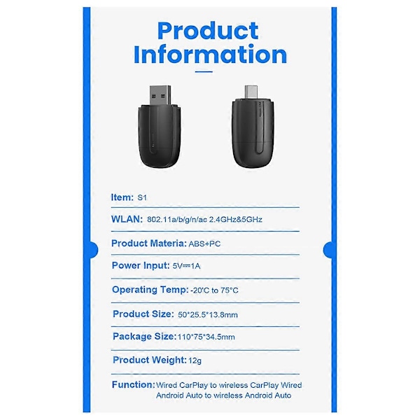 Trådløs CarPlay Android Auto Adapter 5Ghz WiFi Type-C/USB