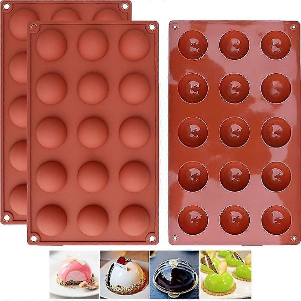 15-hulrums Halvkugle Silikoneform, 3 Pakker Bageform til Fremstilling af Chokolade, Kage, Gelé, Kuppel Mousse