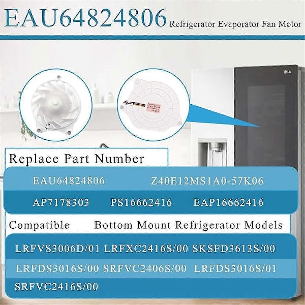 EAU64824806 Kylskåpsfläktmotor för LG Kylskåp 12V 1A DC Fläktmotor, Ersätter Z40E