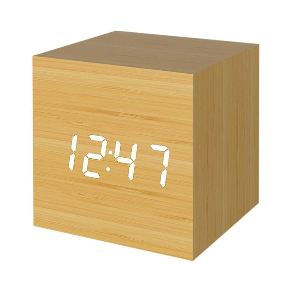Digital Väckarklocka, Trä LED Ljus Mini Modern Kub Skrivbordsväckarklocka Visar Tid Datum Temperatur
