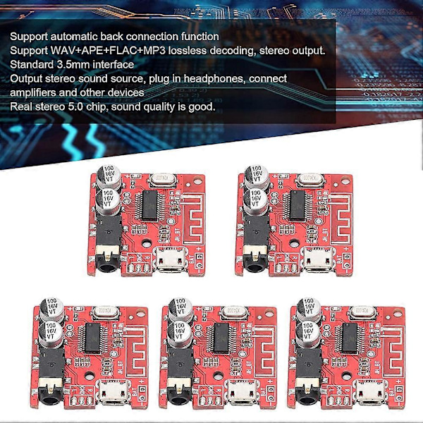 5 stk. DIY Bluetooth 5.0 Mottakerkort, Høyttalerforsterkermodul