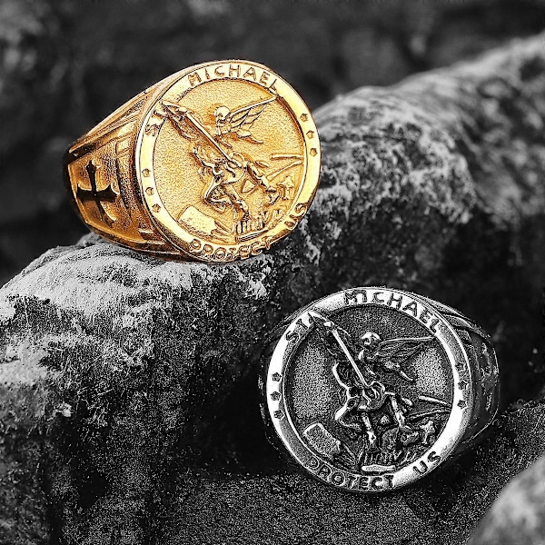 Arkängeln Mikael Exorcism Ring i Rostfritt Stål för Män Punk Amulet för Pojkvän Smycken Kreativitet Present