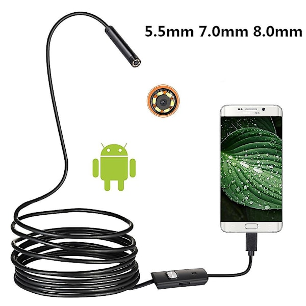 SQCLV USB-endoskooppi OTG Android-puhelimelle, tietokoneelle, 5,5/7/8 mm:n booskooppi tarkastuskamera vedenpitävä Micro USB:llä, johdolla ja 6 LED-valolla