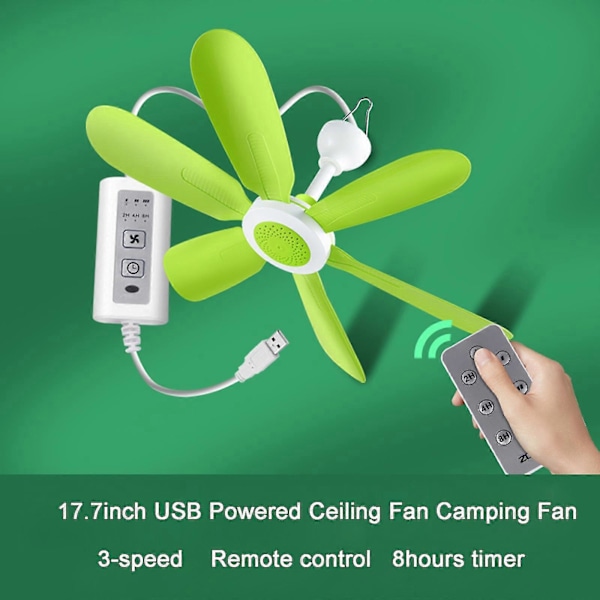 17,7 tommer fjernbetjening 8 timers timer 3-trins USB loftventilator telt campingventilator