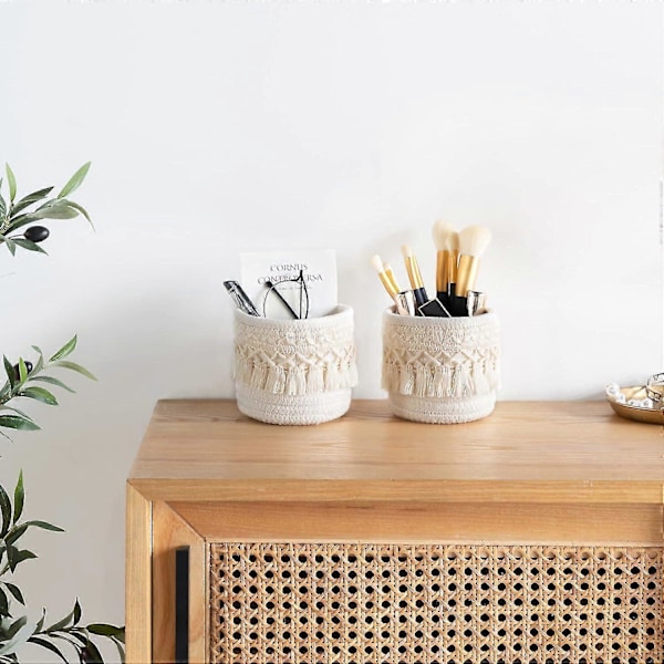 Makeup Børsteholder Organizer Kam Børster Mini Opbevaringskurv Sæt med 2 Boho Dekor Kurve, HVID