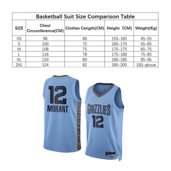 Grizzlies Ja Morant 12 Baskettröja Aldult Boys Sport Uniform S