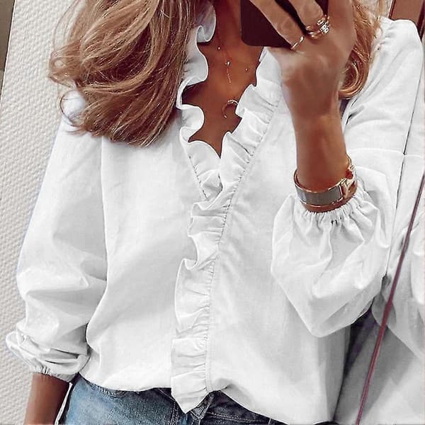 Solid Mote Uformell Ruffle Pullover Tunika V-hals Dame Bluse Løs Langermet