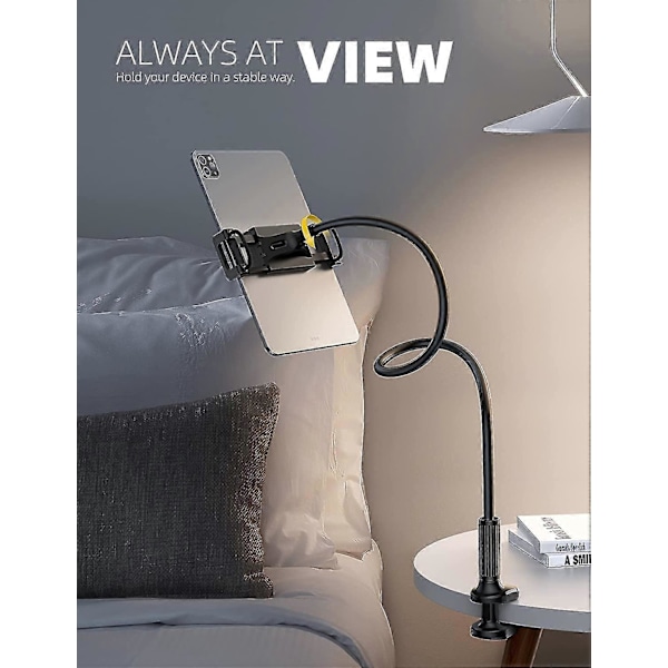 Svanehals Tablet Holder til Seng - Fleksibel Tablet Arm Klemme til Seng Kompatibel - Sort