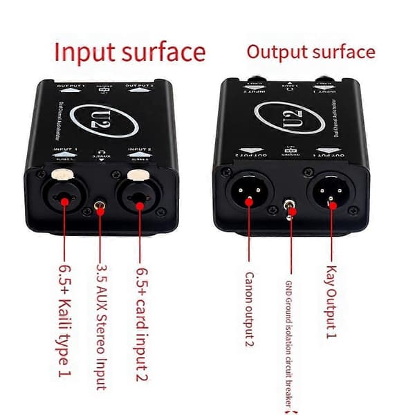 U2 Audio Isolator 3.5 til XLR Dobbeltkanals Strømlydsisolator Eliminerer Strømlyd Black