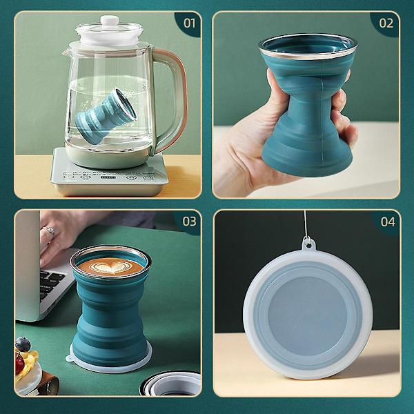 JUSCH Silikon Hopfällbar Mugg, Hopfällbar Rese Camping Mugg Med Lock, Kaffekopp, Medföljande Mugg, Droppsäker Utdragbar Värmebeständig Mugg, Expandab