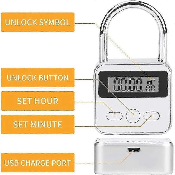 TCGG-Smart Tidslås Max 99 Timmar Timerlås Med LCD-Display USB Uppladdningsbart Säkerhetslås Kraftigt Metall Elektronisk Timerlås (Silver)