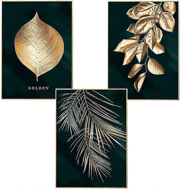 Set med 3 Design Väggaffischer Skog Guldblad Palm Träd Ramlös Väggkonst Dekor För Vardagsrum