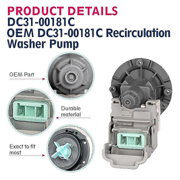 DC31-00181C Vaskemaskine Pumpe Motor Erstatning for DC31-00030E,00030J,30008F,DC96-01113G,AP6025315 til Recirkulation