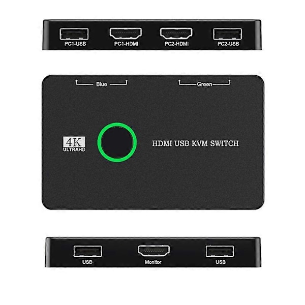 KVM Switch 2 Port Box USB og HDMI-kompatibel Switch til 2 computere