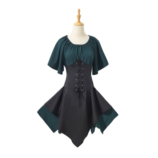 Snabb leverans Dam medeltida renässansdräkter Piratkorsettklänning för kvinnor Flare ärm Traditionell irländsk kort klänning Green-Black 2XL