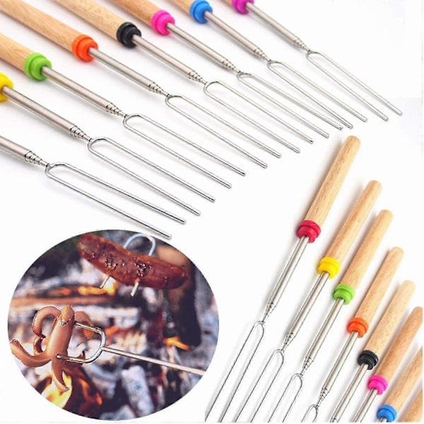 Marshmallow Grillspyd Trehåndtak Sett Med 8 Spyd Teleskopiske Gafler 81 cm Med Bærbar Veske For Pølse Bål Camping Komfyr Grillverktøy