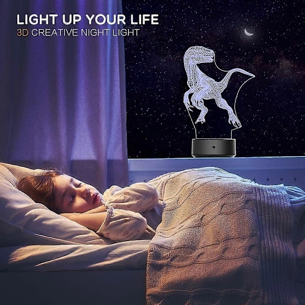 Dinosaur Natlampe til Børn - 3D Dinosaur Lampe 16 Farver Optisk Illusion Touch & Fjernbetjening med 3 Akrylplader Bedste Julefødselsdag Nytår