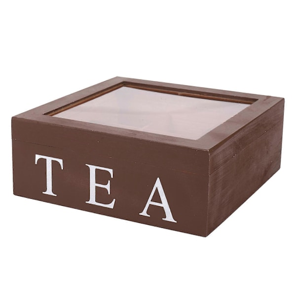 2X Trälåda för Te med 9 Fack Tepåsebehållare Förvaringslåda Fyrkantig Presentförpackning Fodral Transparent Topplock J