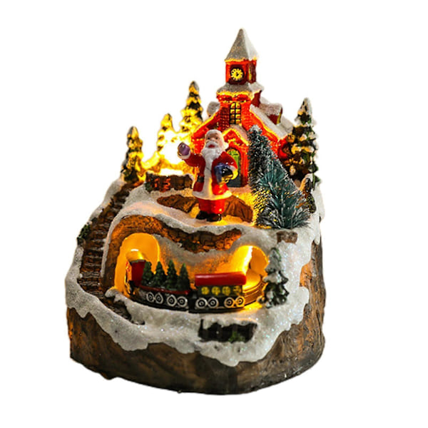 LED Lys Jule Sne Scene Tog Landsby Hus Lysende Resin Ornament Figur Dekoration Håndværk Jul Nytårsgave
