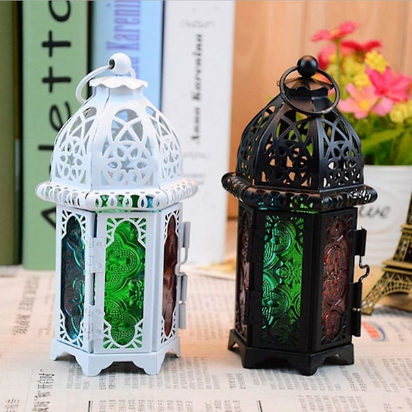 2 Stycken Metall Ljusstakar Små Bröllopsdekorationer Målat Glas Hängande Lyktor, Ljuslyktor