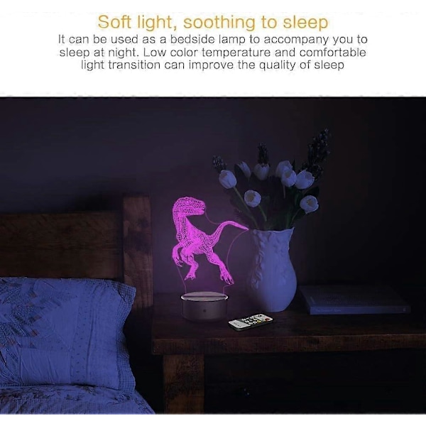 Dinosaur Natlampe til Børn - 3D Dinosaur Lampe 16 Farver Optisk Illusion Touch & Fjernbetjening med 3 Akrylplader Bedste Julefødselsdag Nytår