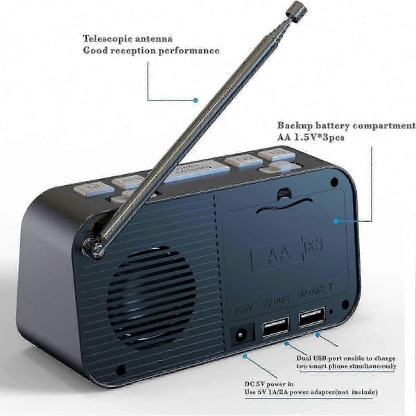 Digital väckarklocka med radio, dubbla USB, LED-display och FM/DAB för sovrum Black