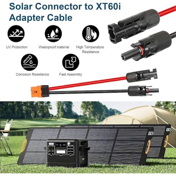 Solpanel til XT60i kabel, 12AWG; Solpanel til XT60i adapterstik; XT60i-F forlængerkabel til bærbare solcellegeneratorer.