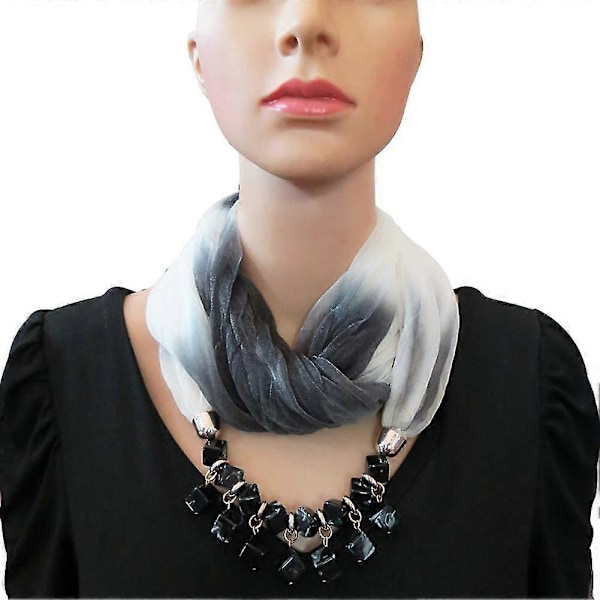 Skjerf for kvinner, Skjerf, Halskjede, Tørkle, Chiffonklær, Elegant solbeskyttelse, Wrapskjerf med halskjede, Smykker for sommer, høst, Svart/hvit