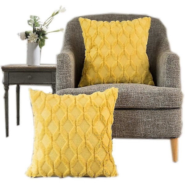 Pute og putetrekksett med 2 supermyke luksuriøse kunstige pelsgule dekorative firkantede putetrekk til sofa stue 45 x 45 cm