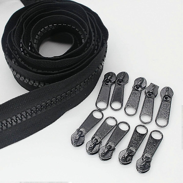 #10 Stor Plastiklynlås Metervare Bulk 5 Yards Med 10 stk. Lange Slidere Til DIY Syning Skrædderhåndværk Tasker Telte Sort (5 Yards)