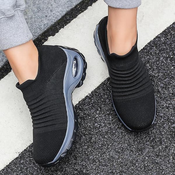 Fleksibel Ortopædisk Sko Elegante Elastiske Slip-on Flade Sko til Kvinder Mesh Overdel Åndbare Sneakers All Black 43