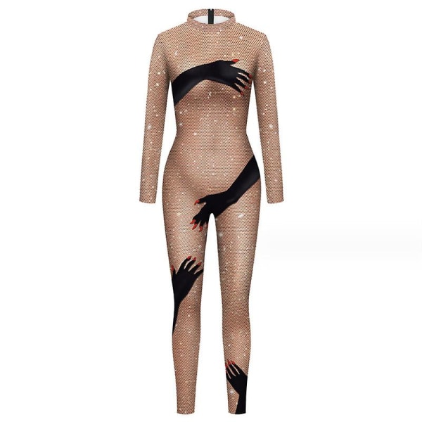 Womens Hi-neck Halloween Hand Print Bodycon Jumpsuits Fullbody Unitard M