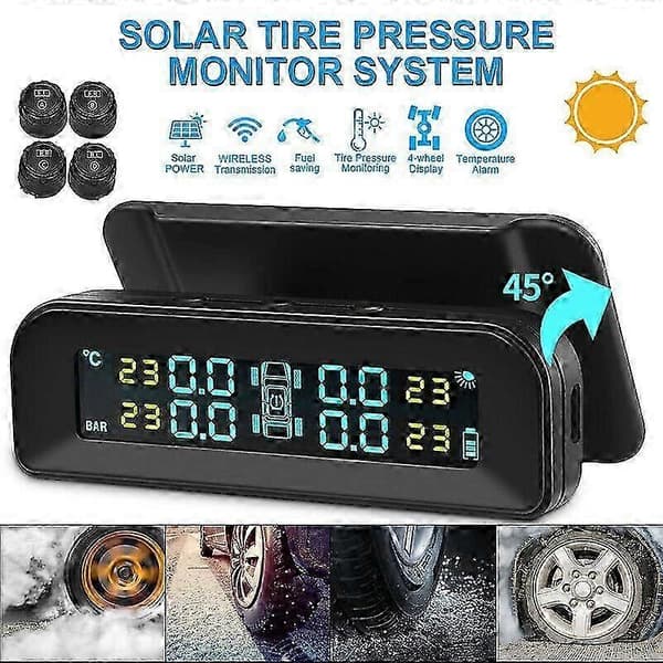 Solar Trådlös USB TPMS Bil Däcktrycksövervakningssystem HD LCD-skärm 4 Externa Sensorer Däcktryck