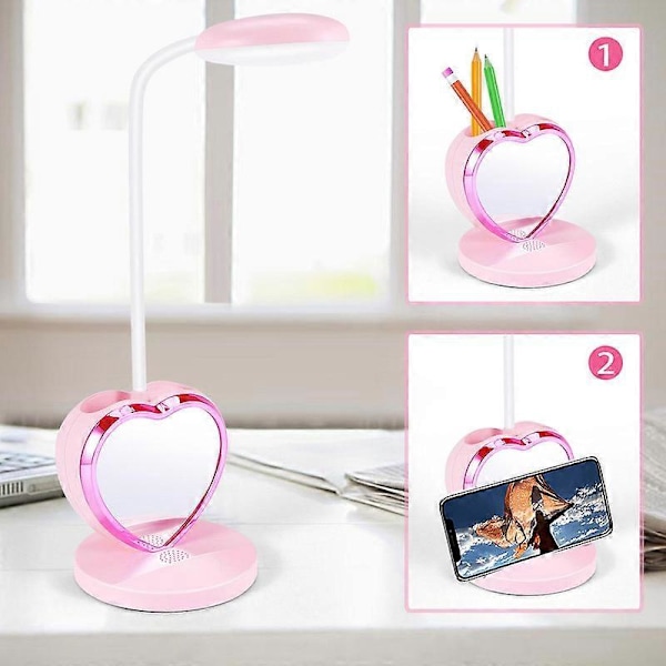 LED-skrivebordslampe for jenter, oppladbar LED-skrivebordslampe med USB-ladepunkt og pennholder, øyevennlig