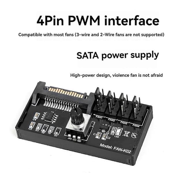 PWM Viftehastighetskontroller Høy Effekt Sata DC Strøm 4Pin Viftestyring