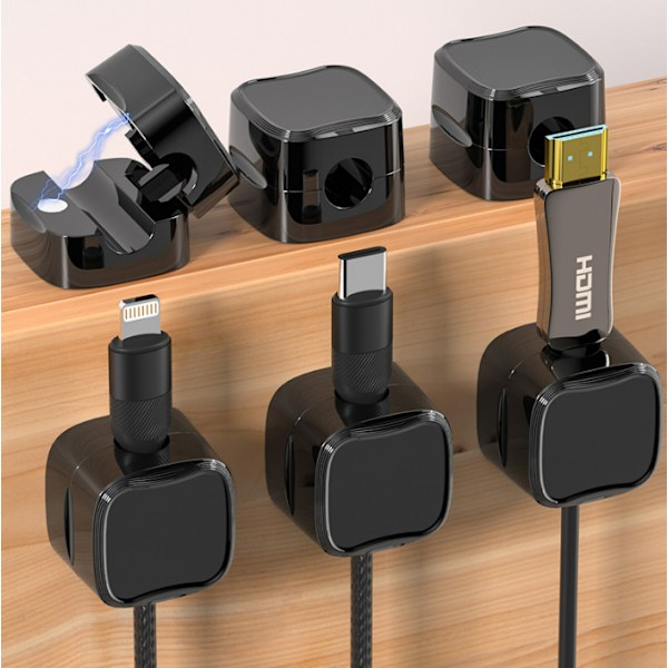 6 stk. Datakabel magnetisk absorpsjon skrivebordskabelorganisator sporløs selvklebende kabeloppruller Black