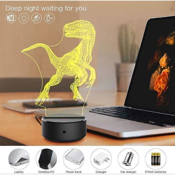 Dinosaur Natlampe til Børn - 3D Dinosaur Lampe 16 Farver Optisk Illusion Touch & Fjernbetjening med 3 Akrylplader Bedste Julefødselsdag Nytår