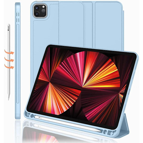 iPad Pro 12.9 tommer 5. generasjon / 4. generasjon (2021 og 2020) Kompatibelt Smart Sleep-modus Penneholder PU Lærbelagt Premium Nettbrettdeksel (Lyseblå)