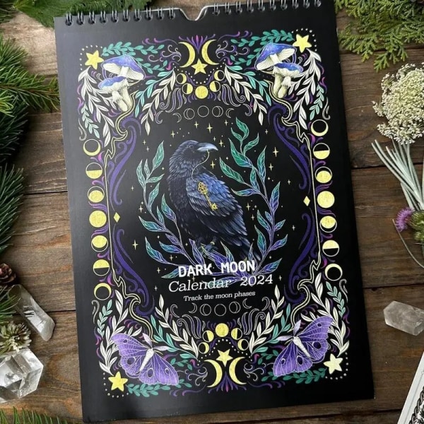 New Moon Calendar 2024 Dark Forest Lunar Calendar med 12 illustrationer Väggdekorationskalendrar för gåva jul adventskalender