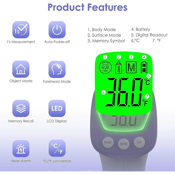 Pande Termometer Infrarød Voksen Termometer, Berøringsfrit Termometer, LCD Display, Hukommelsesfunktion, Infrarødt Termometer Til Barn, Voksen, Objekt