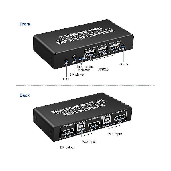 Dp Kvm Switch 2 Port 8k@30hz Displayport1.2 Switch 2 In 1 Ut Med 3 Usb2.0 Port För 2 Pc Laptop Sh