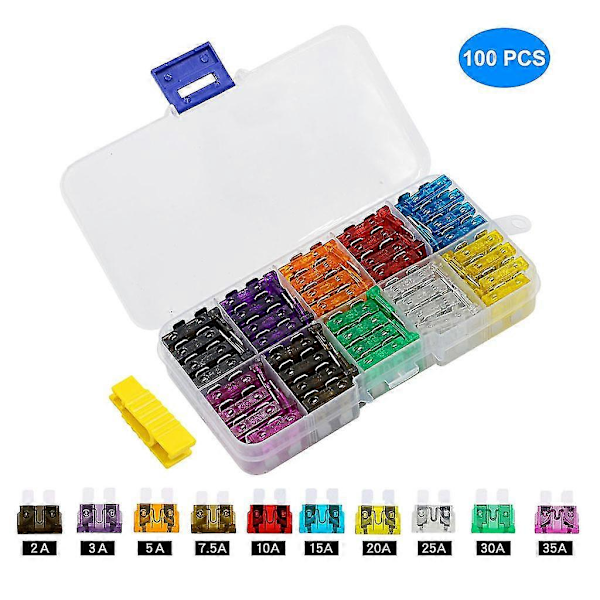 100 stk. Auto Standard Bladsikringer 2a 3a 5a 7.5a 10a 15a 20a 25a 30a 35a