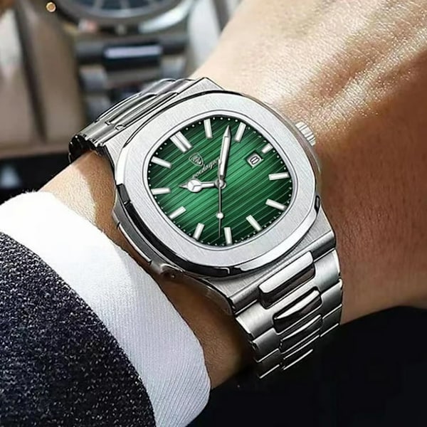 POEDAGAR Business Vandtæt Ur Lysende Dato Rustfrit Stål Firkantet Quartz Herreur Green