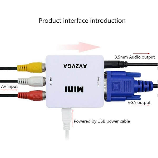 AV (RCA) - VGA -ääni- ja videomuunnin, tukee resoluutiota 1080p / 720p, 3,5 mm ääniliitäntä