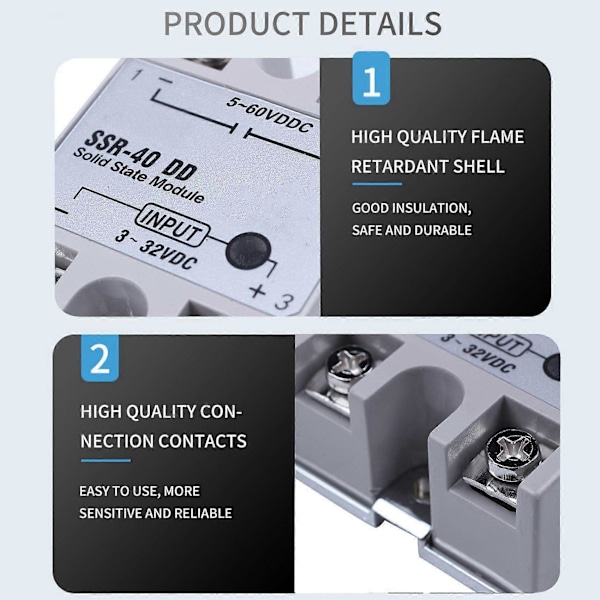 Enfaset Solid State Relé DC-DC -40DD 40A Hvit+Sølv