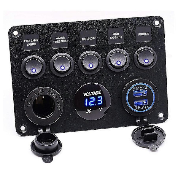 5 Gang Kontaktpanel, 12v 24v Inline Sikringsboks Led Kontaktpanel Dobbelt Usb Stik Strømudtag Led Voltmeter Til Bil Båd Lastbil (1 stk, Sort)